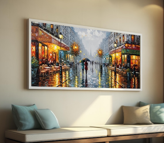 Rainy Paris Street Panorama, Vintage French Cafe Oil Painting