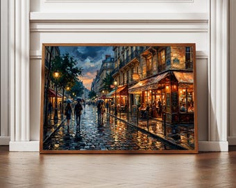 Rainy Paris Café Wall Art | French Street Oil Painting Style Print | Romantic Paris Decor (Digital Download)