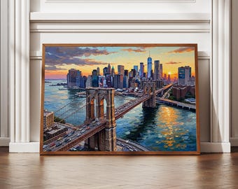 Muurkunst Brooklyn Bridge | Skyline-poster NYC | Olieverfschilderij in getextureerde stijl digitaal printen | Skyline van New York | Stedelijke decoratie