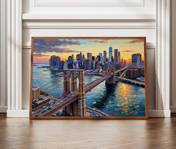 Brooklyn Bridge Wall Art | NYC Skyline Poster | Oil Painting