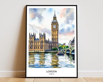 Londen aquarel print, Big Ben Art, Engeland reisposter, stadsgezicht schilderij