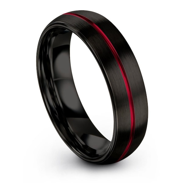 Anillo de tungsteno abovedado negro, conjunto de anillos de boda de tungsteno, banda de compromiso, línea central grabada en rojo, anillo para hombres, ajuste cómodo, anillo a juego