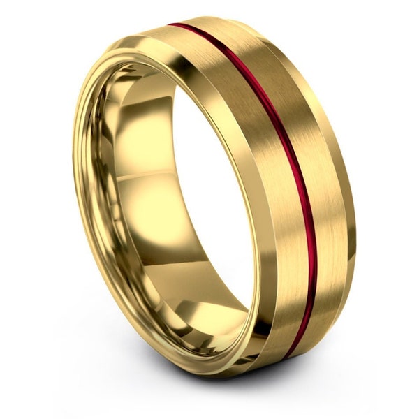 Simple Promise Ring,8mm Tungsten Gold Wedding Band,Smooth Polish Beveled Step,His and Hers Rings,Center Red Engraving Ring,Engagement Ring