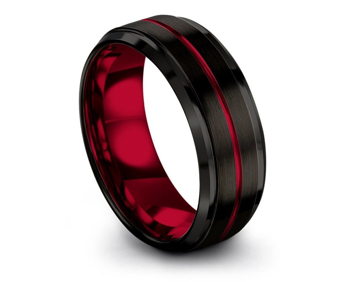 Brushed Finish Tungsten Ring Black, Red Tungsten Wedding Band, Red Line