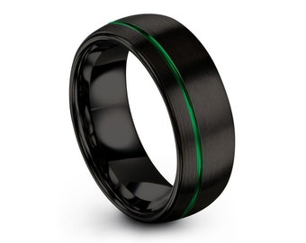 Mens Wedding Band Black, Tungsten Ring Green, Wedding Ring, Engagement Ring, Promise Rings For Men, First Valentine Gift Husband
