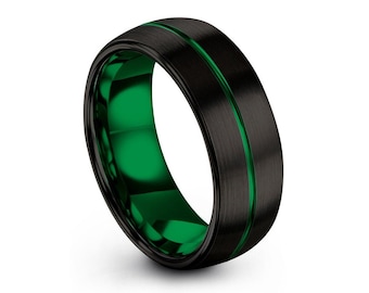 Mens wedding band green, tungsten ring black 8mm, wedding ring, engagement ring, promise ring, personalized, gifts for him, mens ring