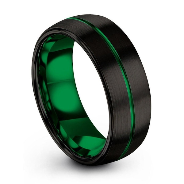 Mens wedding band green, tungsten ring black 8mm, wedding ring, engagement ring, promise ring, personalized, gifts for him, mens ring