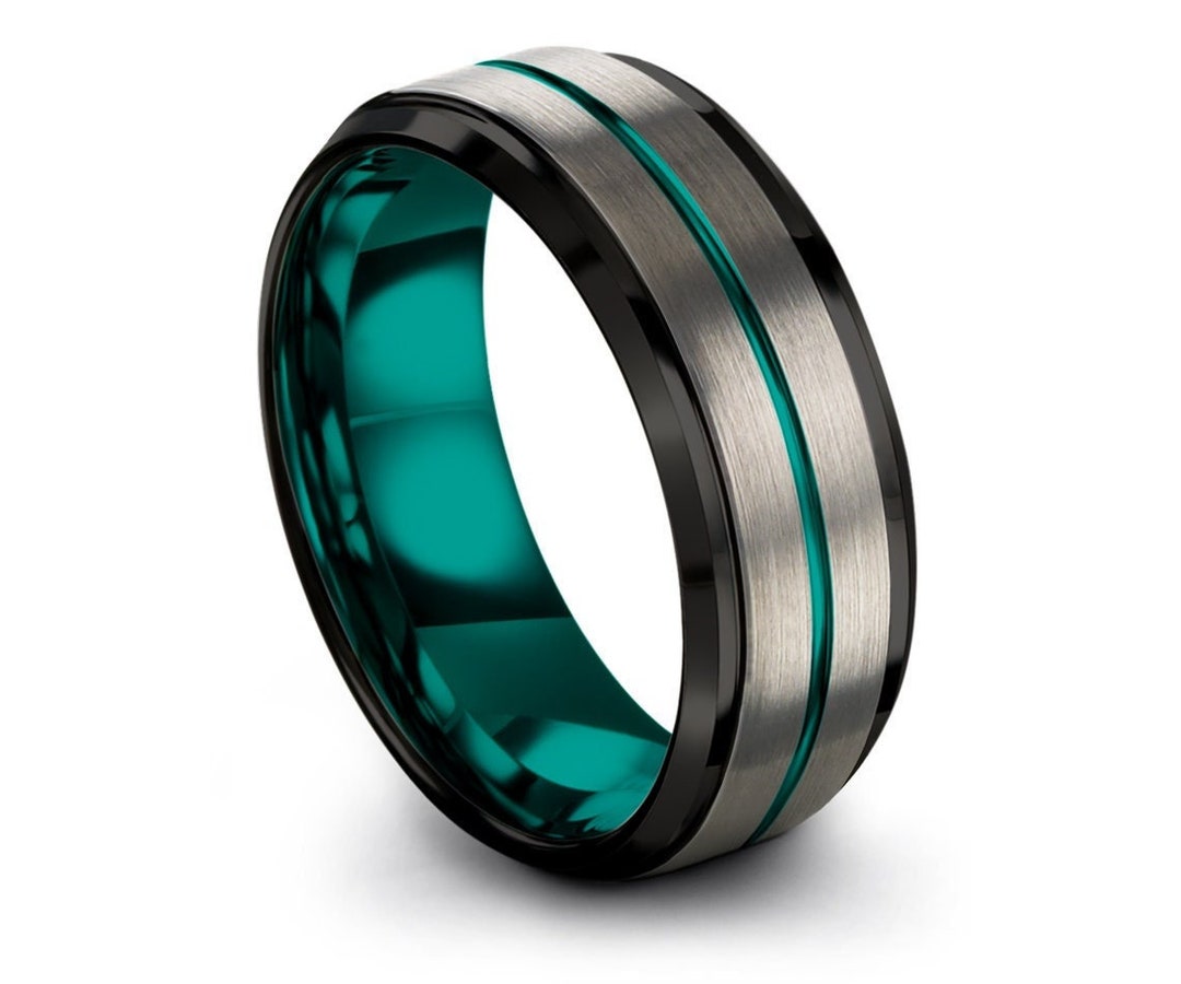 Teal Tungsten Ring Set With Center Engraving Beveled Black Edge Brushed