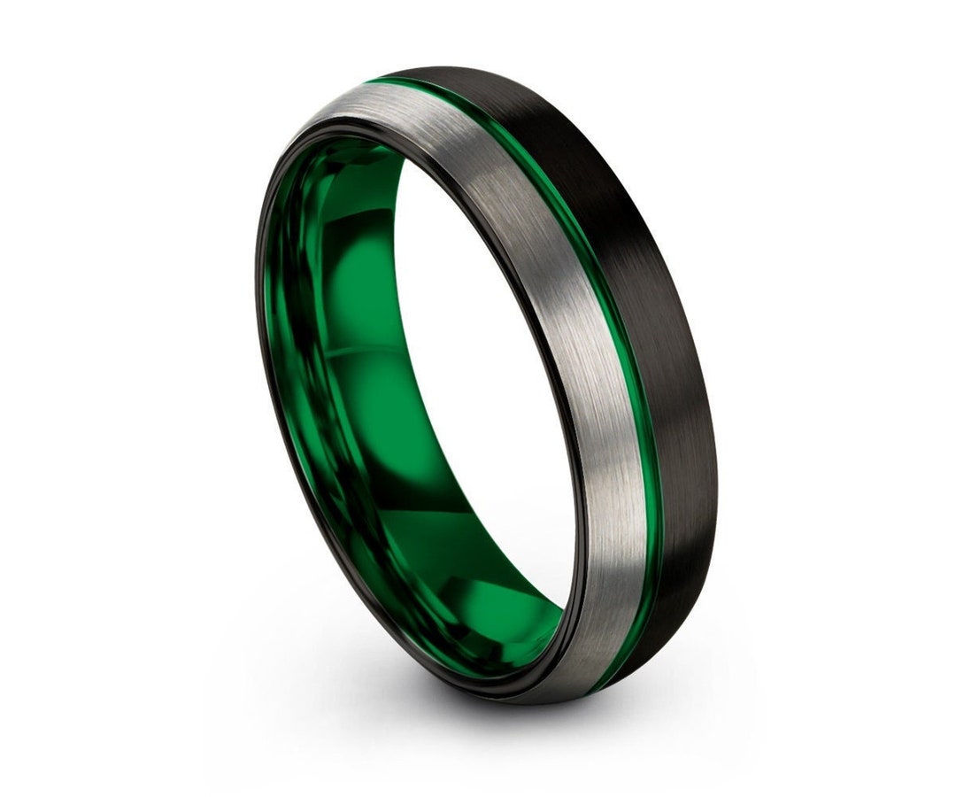 Mens Wedding Band Green Black Tungsten Ring Brushed Silver