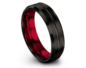 Comfort Fit Wedding Band Black Red | 4mm 6mm 8mm 10mm Tungsten Ring | Tungsten Wedding Ring | Ring For Men | Matching Ring | Free Engraving