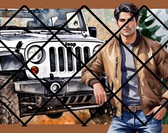 May include: A banner featuring the text "ADVENTURE AWAITS" in brown letters, a white Jeep, a man in a brown jacket and blue jeans, and a watercolor forest scene. The banner is framed with a brown border and a black diamond pattern.