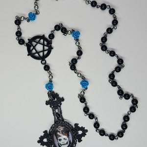 Portrait Pendant Inverted Cross Onyx and Rose Beads Rosary