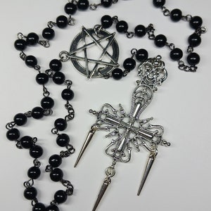Filigree Inverted Cross Spikes Pentagram Bat  Portrait Pendant Rosary
