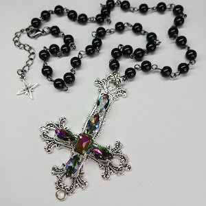 Jeweled Rainbow Inverted Cross Pendant Necklace