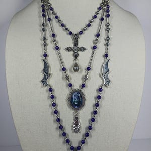 Portrait Pendant Layer Necklace Silver Inverted Cross Lucifer Sigil Bat Wings - Ghost Rosary Layer Necklace