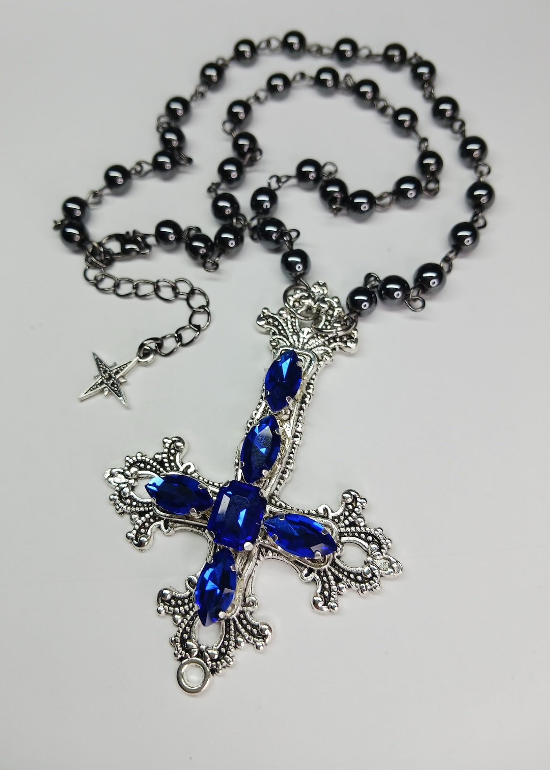 Jeweled Sapphire Blue Inverted Cross Pendant Necklace - Etsy