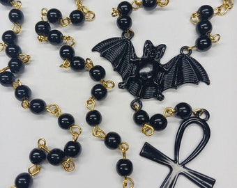 Life Eternal Black Bat Ankh Rosary