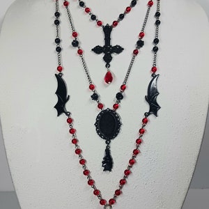 Portrait Pendant Layer Necklace Black Inverted Cross Lucifer Sigil Bat Wings - Choose Picture -Choose Beads- Ghost Rosary Necklace