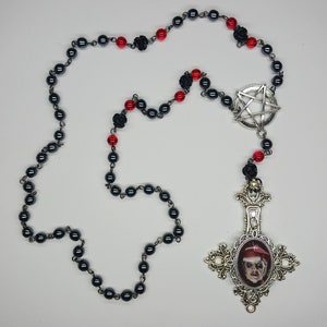 Portrait Pendant Inverted Cross Hematite and Rose Beads Rosary