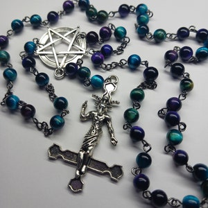 Baphomet Inverted Cross Purple Teal Tiger's Eye Rosary Portrait Pendant Pentagram