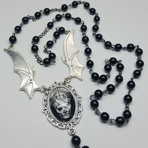Silver Bat Wings Portrait Pendant Rosary