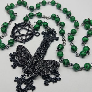 Black Victorian Inverted Cross Death Moth Pentagram Rosary