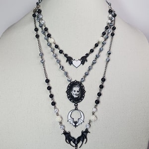 Portrait Pendant Layer Necklace with Choker-  Onyx Howlite White Rose Beads Black Bat Wings Heart Coffin Pentagrams- Choose Picture
