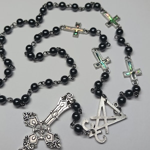 Portrait Pendant Rosary with Abalone Inverted Crosses Hematite --- Lucifer Sigil