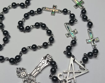 Portrait Pendant Rosary with Abalone Inverted Crosses Hematite --- Lucifer Sigil