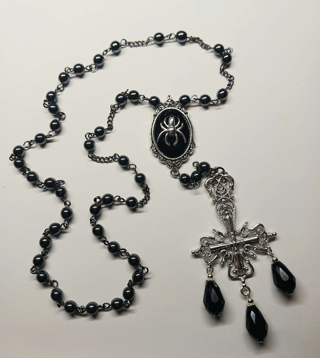 Hematite Rosary Inverted Cross Spider Pendant Etsy
