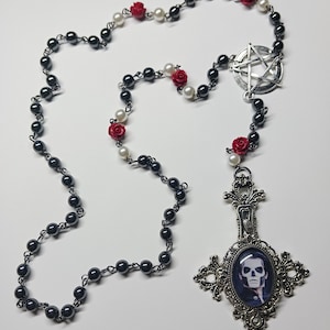 Portrait Pendant Inverted Cross Hematite and Rose Beads Rosary