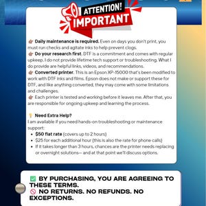 May include: A blue and white graphic with text that reads "PLEASE READ BEFORE PURCHASING" and "ATTENTION! IMPORTANT." The text details product maintenance, research, and support information. It also states "NO RETURNS. NO REFUNDS. NO EXCEPTIONS."
