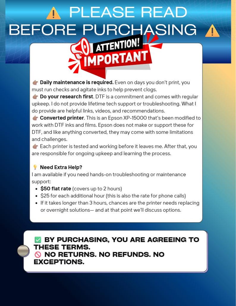 May include: A blue and white graphic with text that reads "PLEASE READ BEFORE PURCHASING" and "ATTENTION! IMPORTANT." The text details product maintenance, research, and support information. It also states "NO RETURNS. NO REFUNDS. NO EXCEPTIONS."