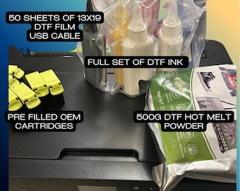 May include: An Epson XP15000 printer with included supplies. The image shows a full set of DTF ink, 50 sheets of 13x19 DTF film, a USB cable, pre-filled OEM cartridges, and 500g of DTF hot melt powder.
