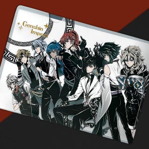 May include: A clear plastic folder with a black and white illustration of characters from the video game Genshin Impact. The folder has a gold border and the text "Genshin Impact" in gold lettering.