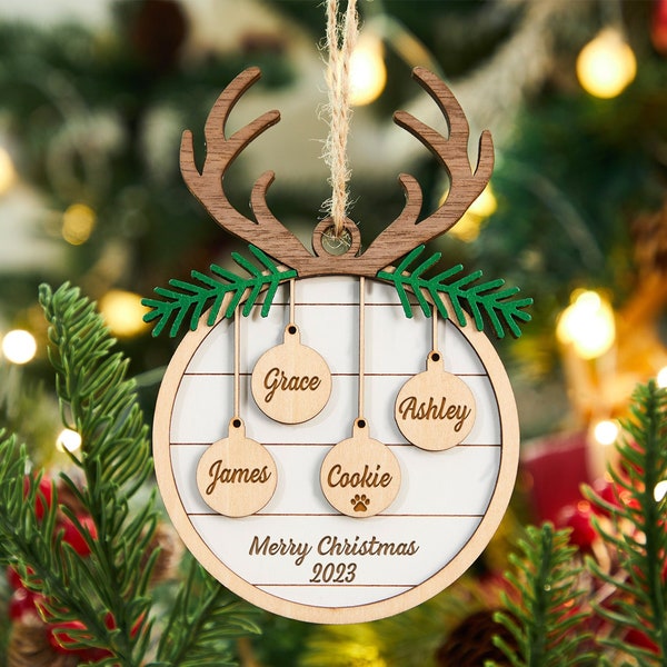 Personalized Family And Pet Ornament,Custom Christmas Ornament,Engraved Wood Ornament,Family And Pet Christmas Gift Decor,Holiday Ornament