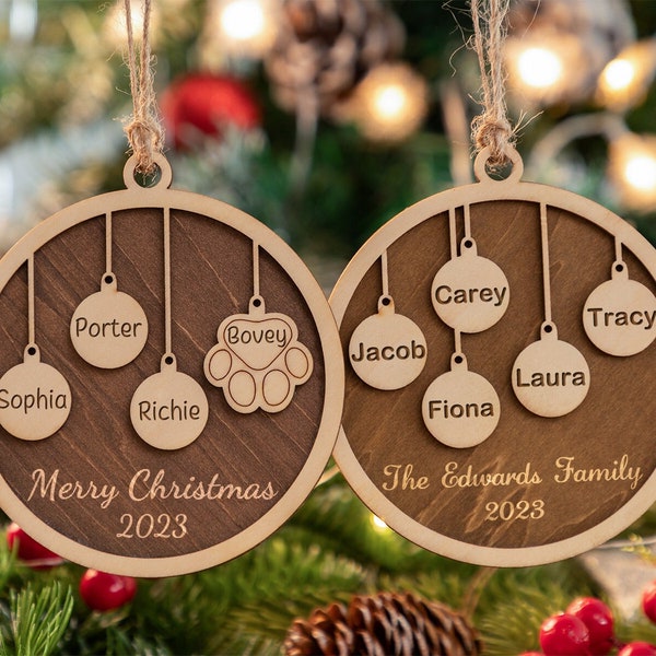 Personalized Family And Pet Ornament,Custom Christmas Ornament,Engraved Wood Ornament,Family And Pet Christmas Gift Decor,Holiday Ornament