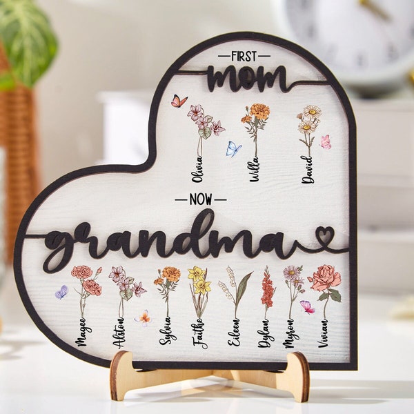 Custom First Mom Now Grandma Sign,Personalized Mother's Day Gift,Birth Flower Sign With Kids Name,Mom’s Garden Sign,Grandma's Garden Sign