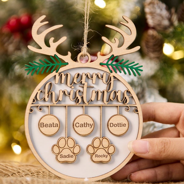 Custom Family And Dog Ornament,Personalized Christmas Ornament,Engraved Wood Ornament,Christmas Gift For Family And Pet,Holiday Decoration