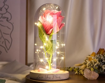 Rosa galaxia personalizada, luz de rosa de mamá, luz LED de rosa personalizada, regalo del día de las madres, rosa eterna en cúpula de cristal, regalo de aniversario, regalo de cumpleaños