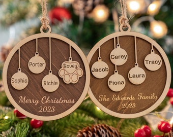 Personalized Family And Pet Ornament,Custom Christmas Ornament,Engraved Wood Ornament,Family And Pet Christmas Gift Decor,Holiday Ornament