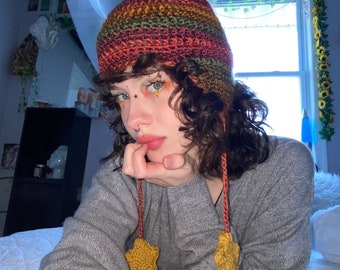 PATTERN 2-in-1 crochet earflap hat with star pompoms