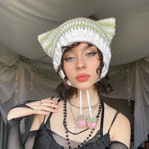 Crochet striped berry cat hat with earflaps