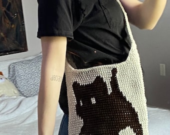 hand bag cat design crocheted knit kitty purse tote indie aesthetic