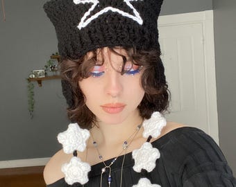Triple Star Strings Cat Hat Handmade Crocheted Striped Earflaps