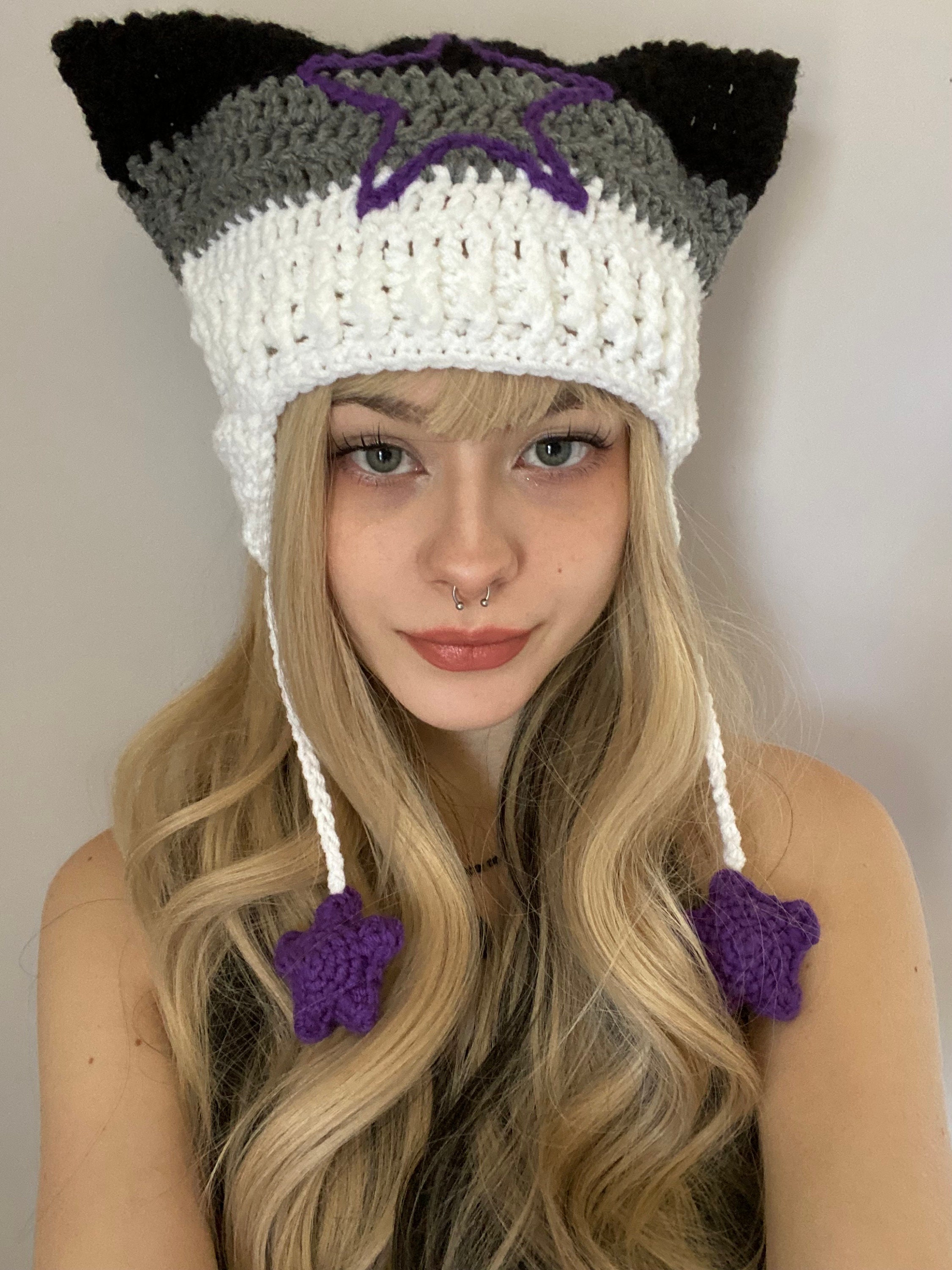 Pride Collection Cat Ear Flap Hat With Stars Crochet Handmade