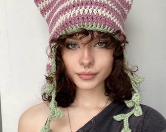 Vine Cat Hat Striped Beanie With Leaf String Pompoms - Etsy