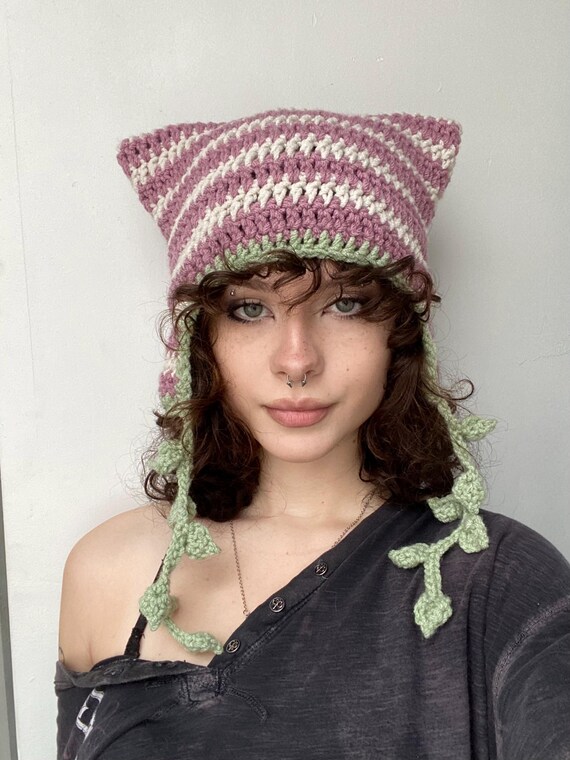 Vine Cat Hat Striped Beanie With Leaf String Pompoms - Etsy