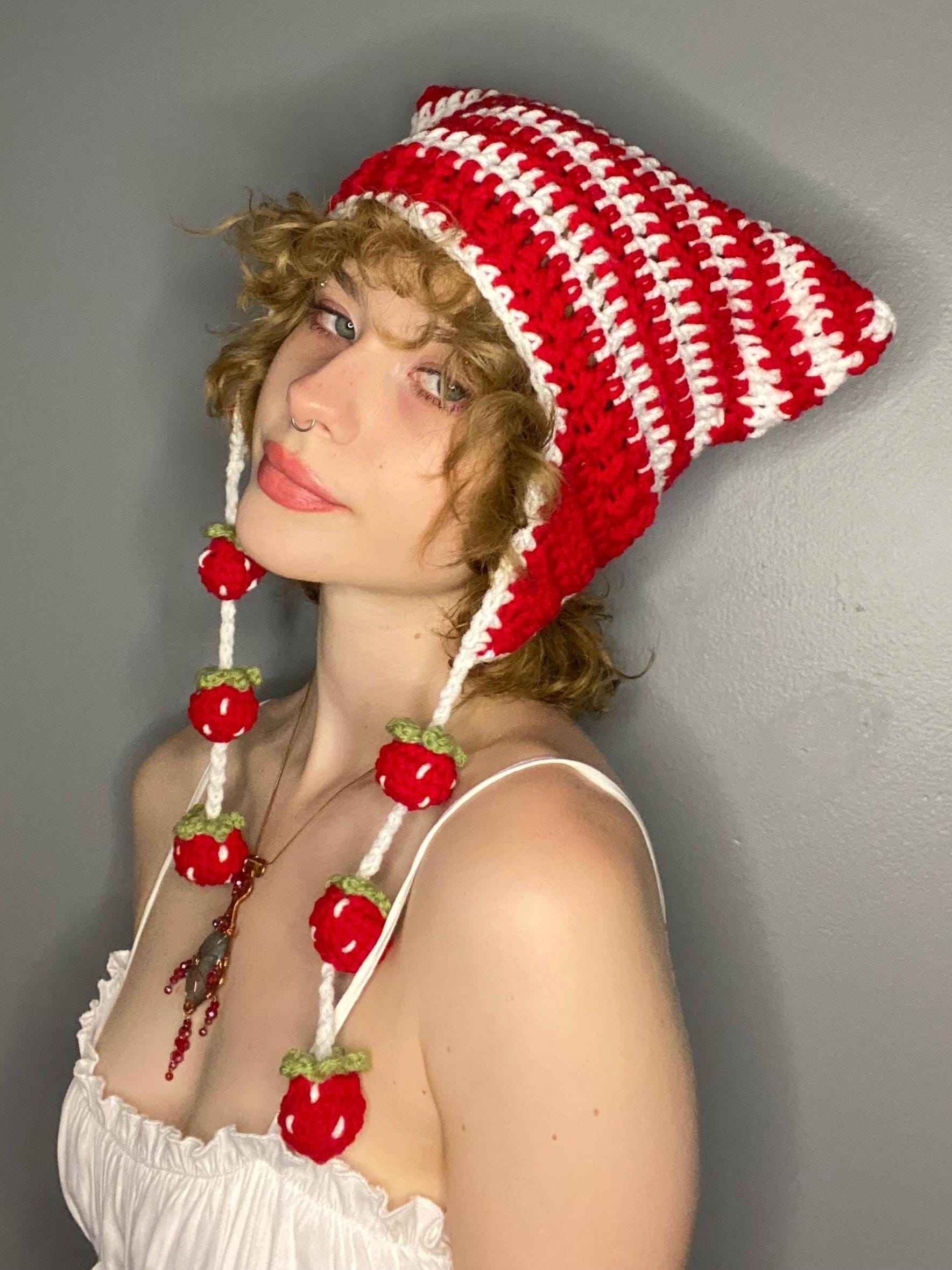 Triple Berry String Cat Hat Crocheted Striped Beanie