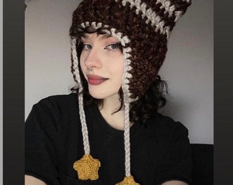 chunky brown and white cat ear flap hat with stars crochet handmade knitted beanie